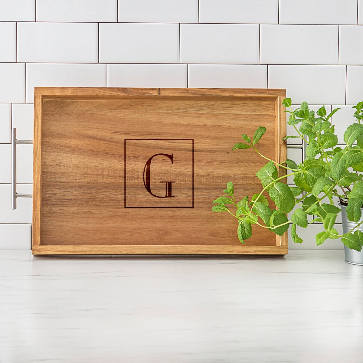Acacia Tray with Metal Handles P25527