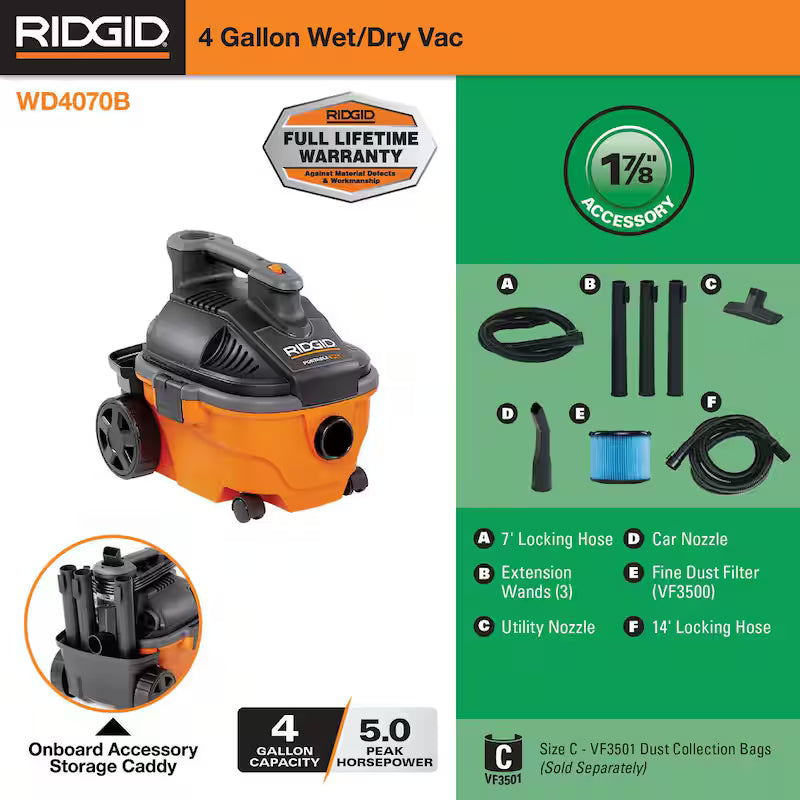 4 Gallon 5.0 Peak HP Wet/Dry Shop Vacuum with Hose and Accessories D2387