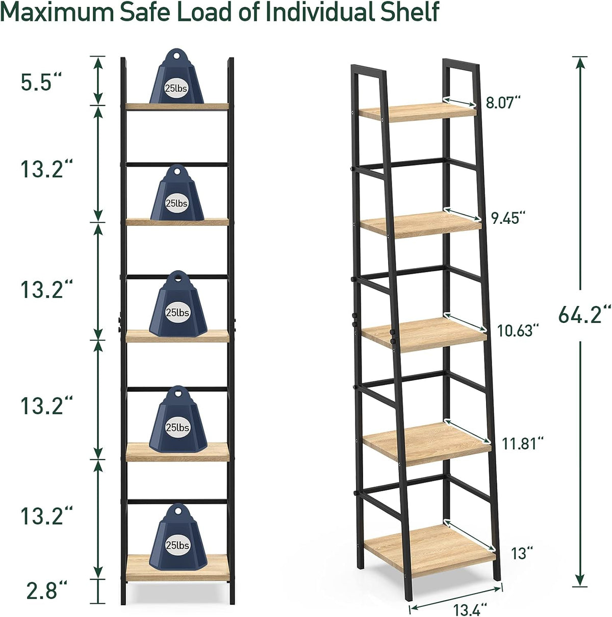 5-Tier Wood and Metal Ladder Shelf Bookcase D6050