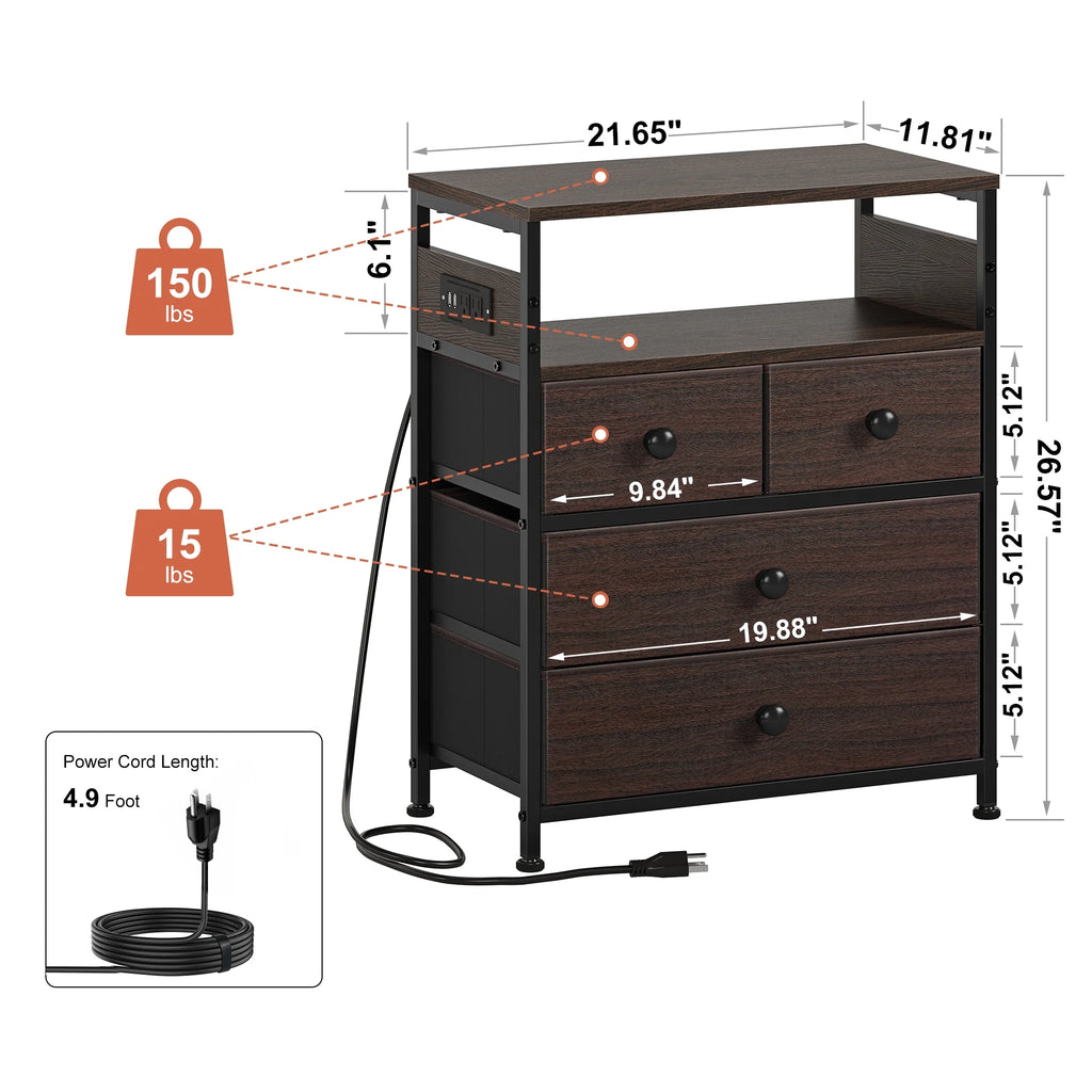 Brown 4 Drawer Nightstand with Charging Station and Led Lights L907
