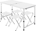 White 4FT Foldable Portable Aluminum Adjustable Height Table with 4 Stools K768808