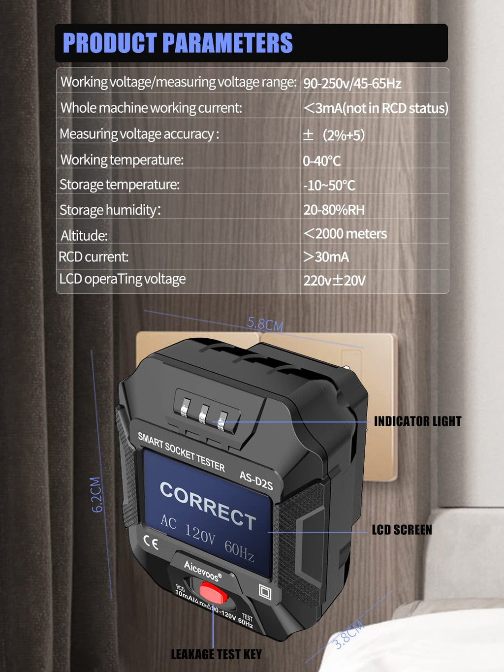 LCD Display Receptacle Tester for 3-Wire 120V Electrical Outlets E824761