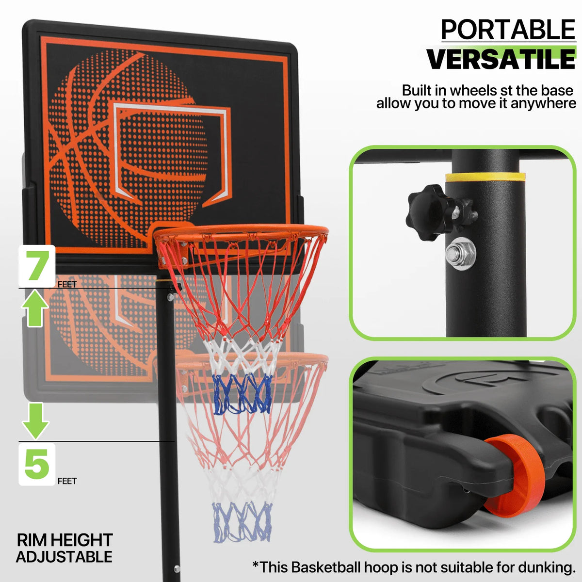 Portable Basketball Hoop 5-7ft Adjustable with Wheels & Base W7419