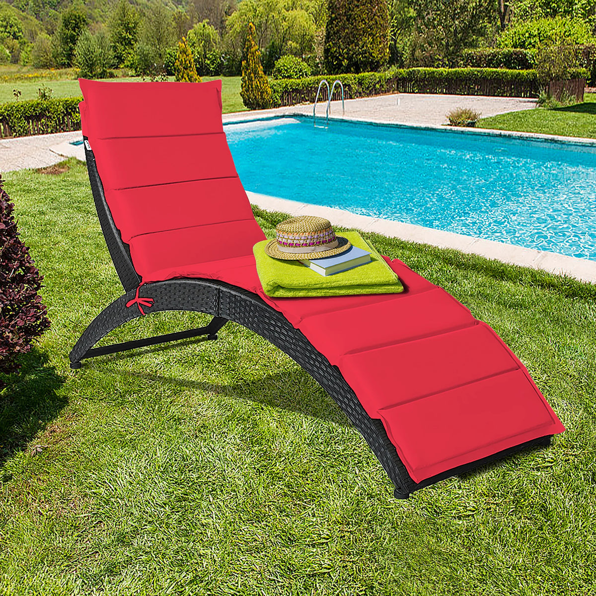 Folding Patio Rattan Lounge Chair Chaise Cushioned Red G358