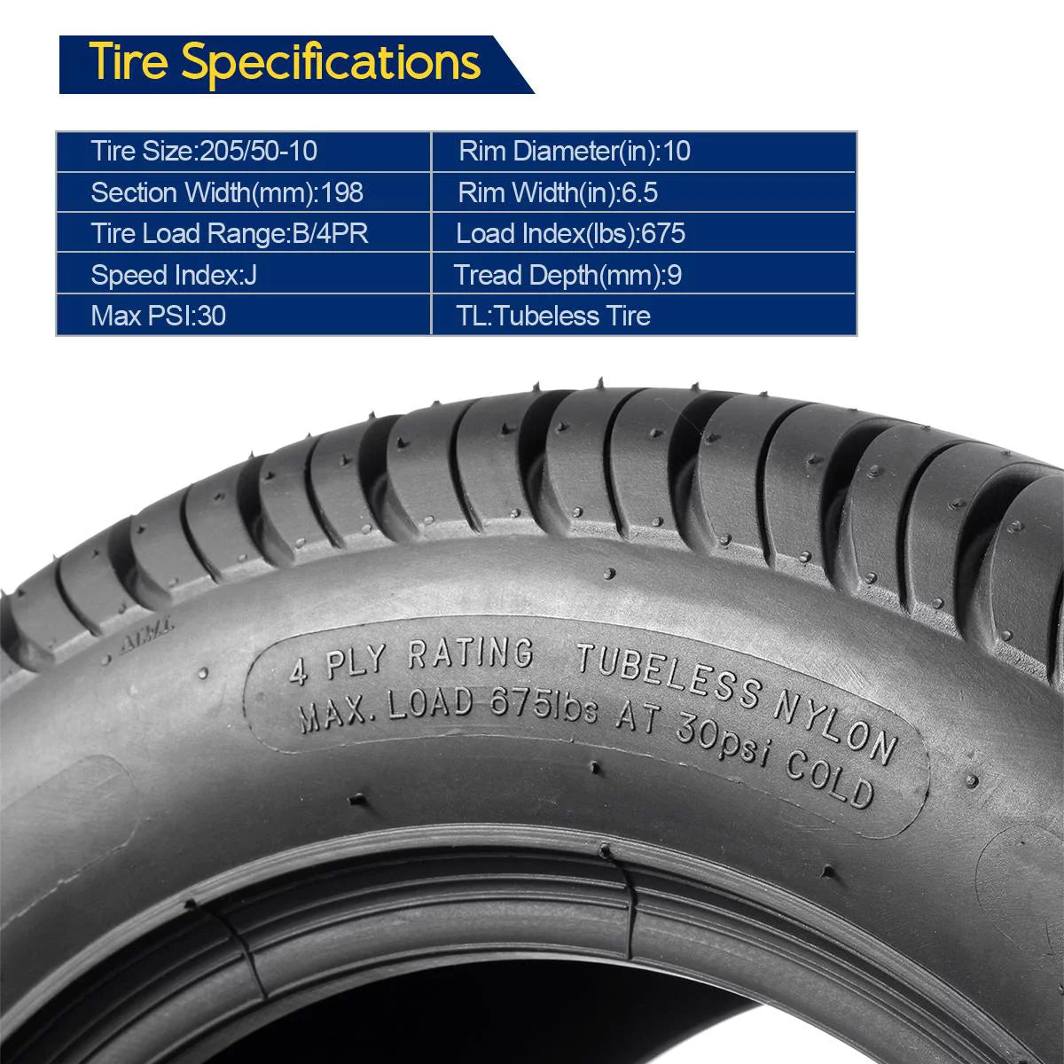 205/50-10 Golf Cart Tires 4PR Tubeless O147
