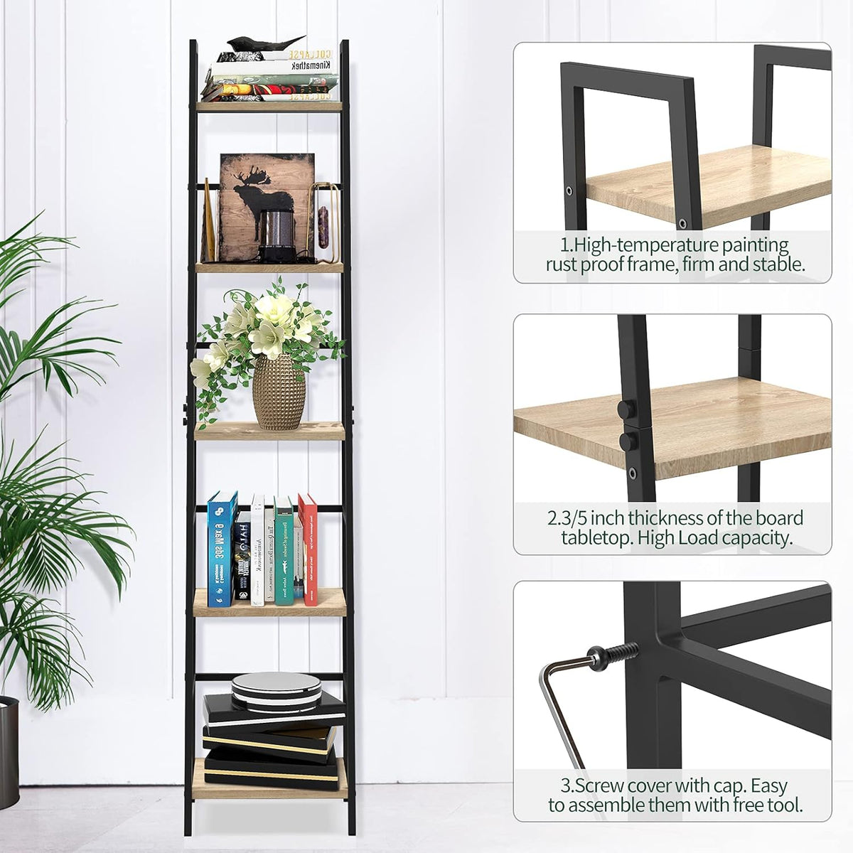 5-Tier Wood and Metal Ladder Shelf Bookcase D6050