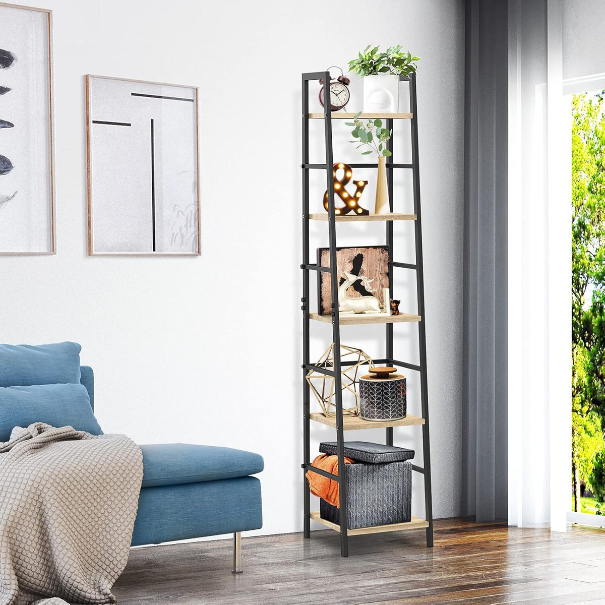 5-Tier Wood and Metal Ladder Shelf Bookcase D6050