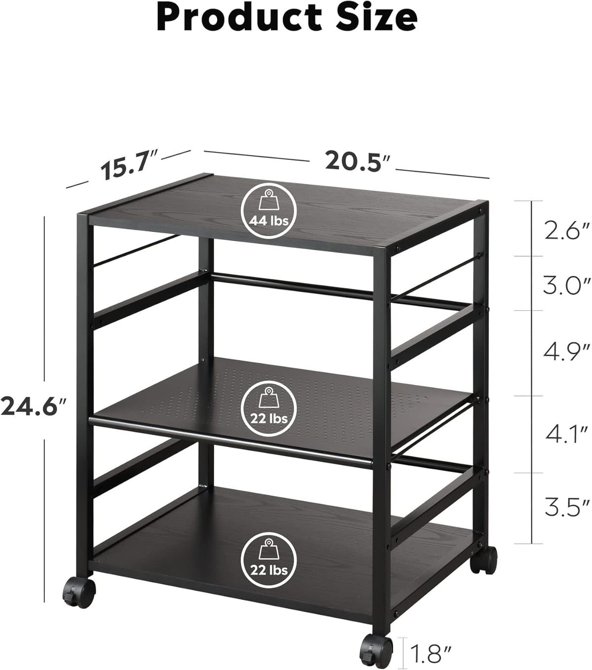 Black 3-Shelf Printer Stand with Adjustable Shelves N675121