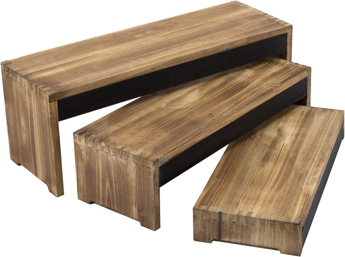 3-Tier Burnt Dark Brown Wood Cake Display Stands with Chalkboard Panels X989839