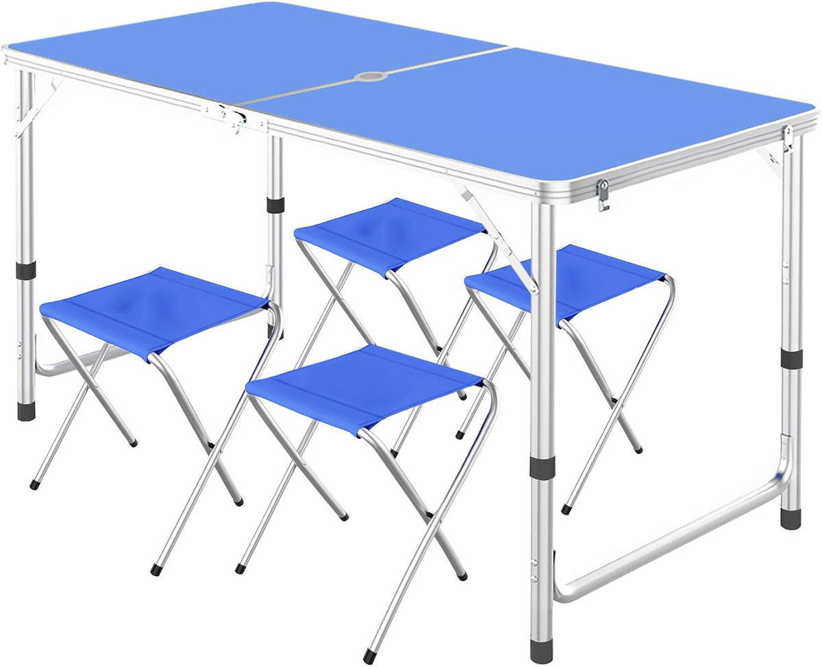White 4FT Foldable Portable Aluminum Adjustable Height Table with 4 Stools K768808