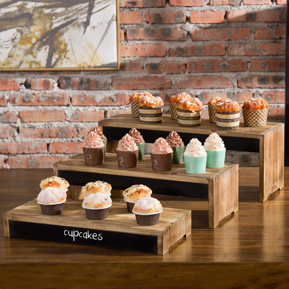 3-Tier Burnt Dark Brown Wood Cake Display Stands with Chalkboard Panels X989839