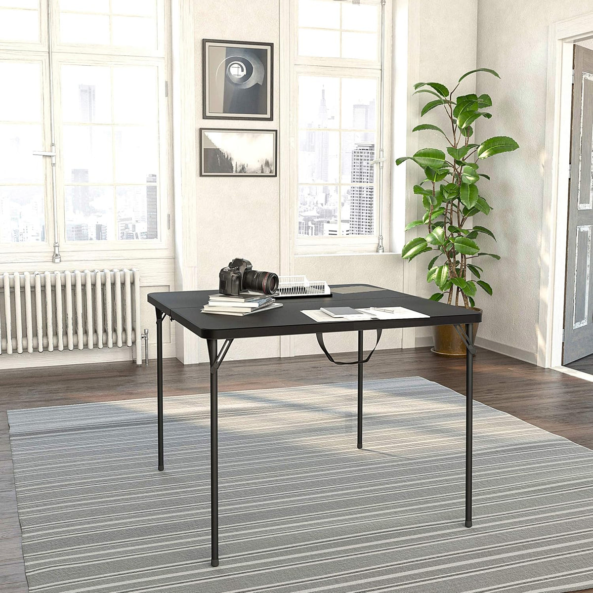 Black Fold-in-Half Card Table with Handle F9553