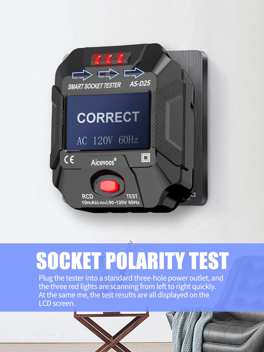 LCD Display Receptacle Tester for 3-Wire 120V Electrical Outlets E824761