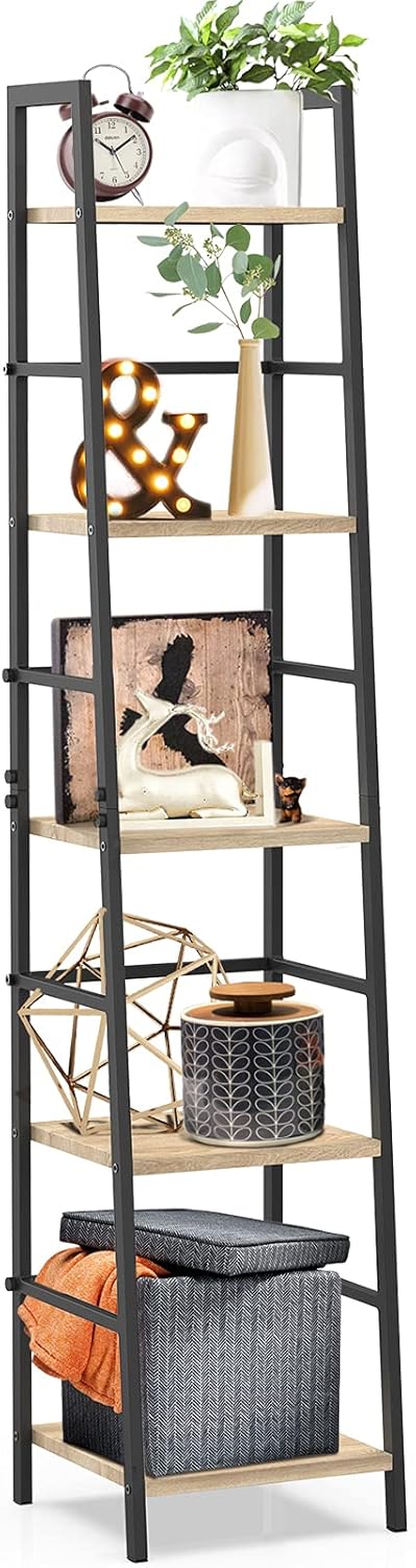 5-Tier Wood and Metal Ladder Shelf Bookcase D6050