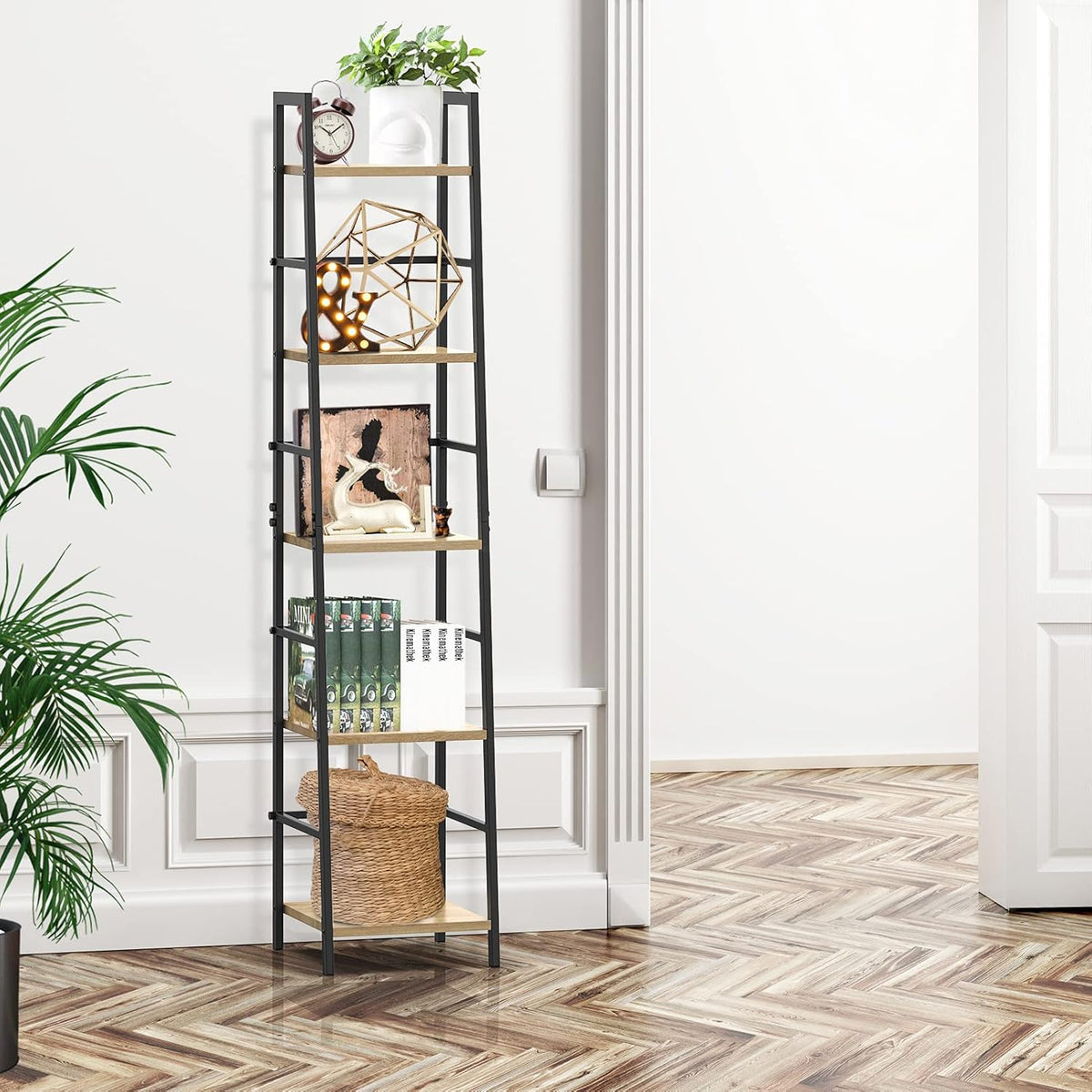 5-Tier Wood and Metal Ladder Shelf Bookcase D6050