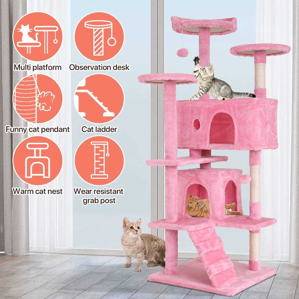 54-in Double Condo Cat Tree Tower Playhouse with Scratching Post & Perch N24282
