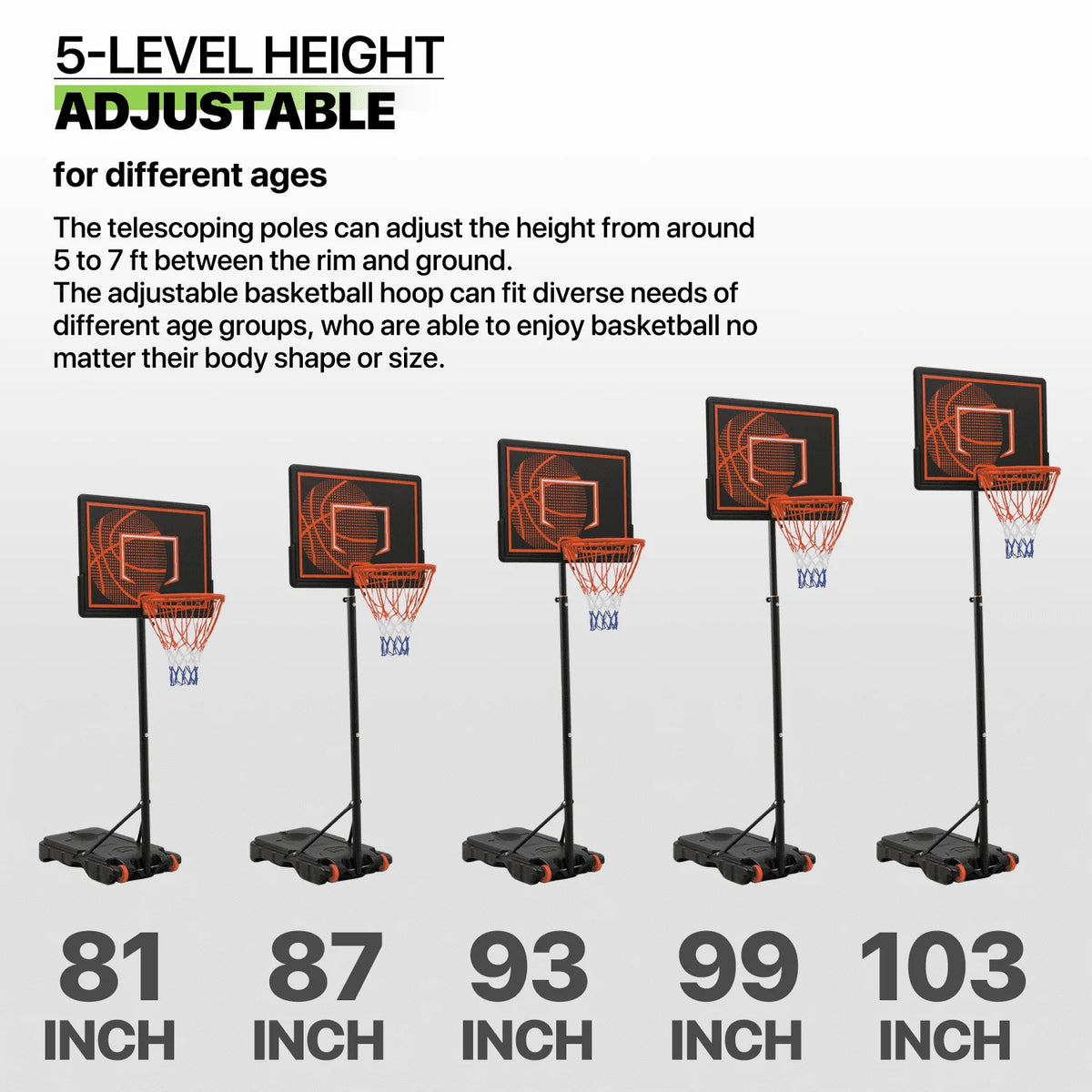 Portable Basketball Hoop 5-7ft Adjustable with Wheels & Base W7419