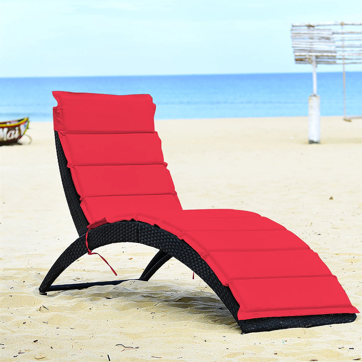 Folding Patio Rattan Lounge Chair Chaise Cushioned Red G358