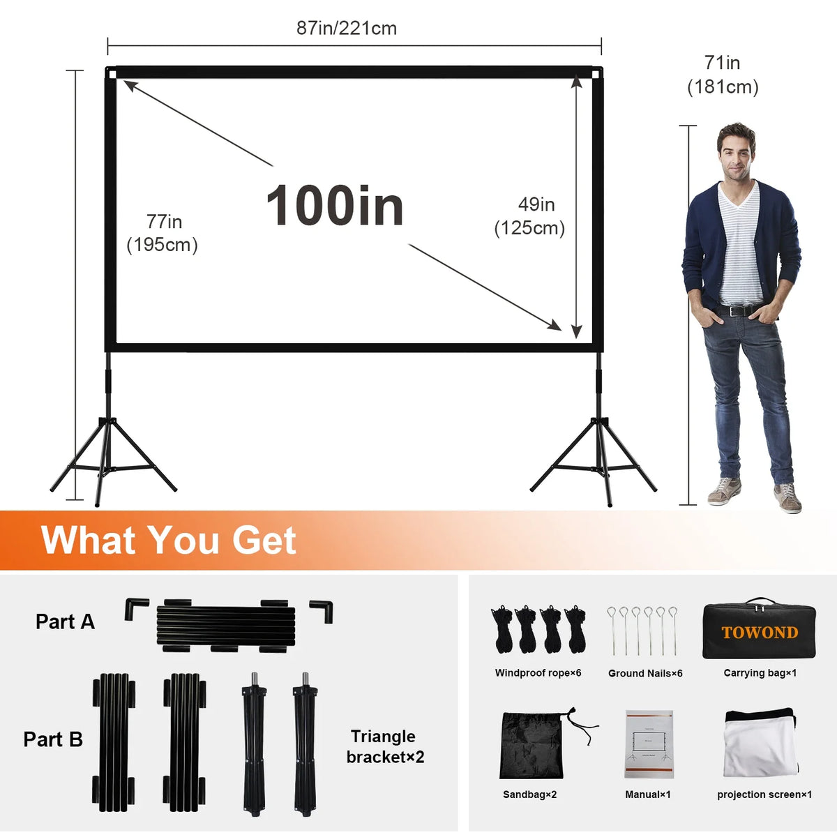 100inch Projector Screen with Stand 16:9 4K Wrinkle-Free with Carry Bag P325