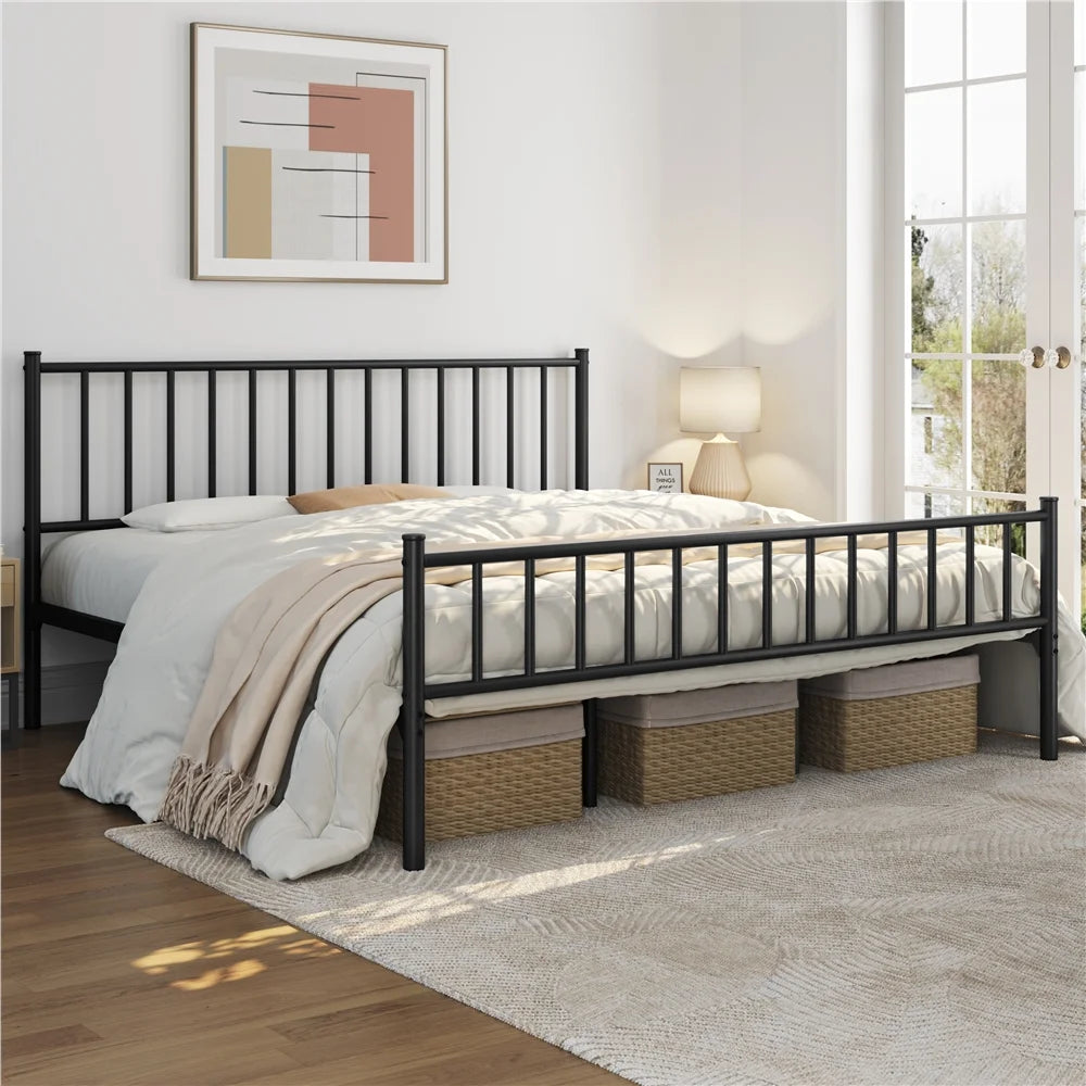 Black Metal Platform Bed with Spindle Headboard and Footboard Y1109