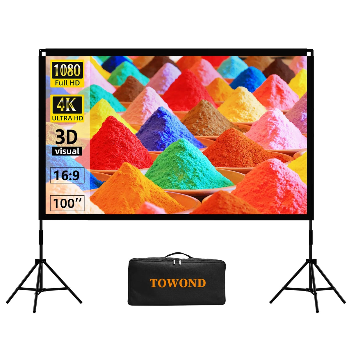 100inch Projector Screen with Stand 16:9 4K Wrinkle-Free with Carry Bag P325