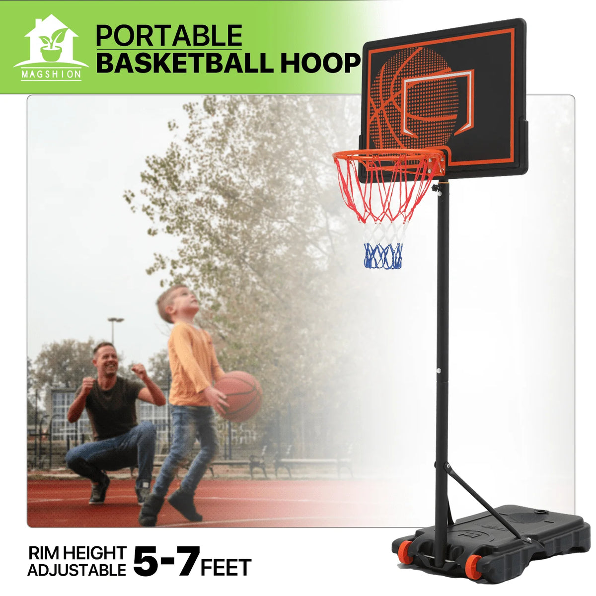 Portable Basketball Hoop 5-7ft Adjustable with Wheels & Base W7419